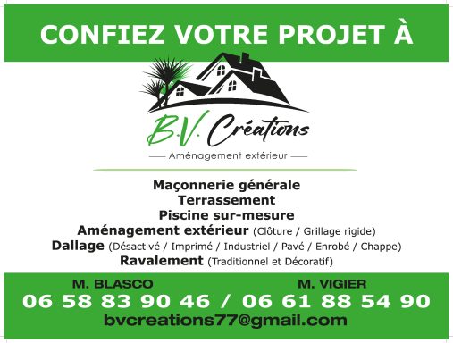 Logo de BV Créations avec services d'aménagement extérieur et coordonnées de contact.