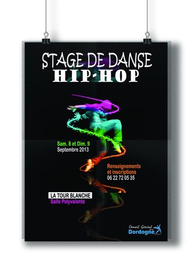 Affiche de stage de danse hip-hop avec des couleurs vives et des silhouettes de danseurs.