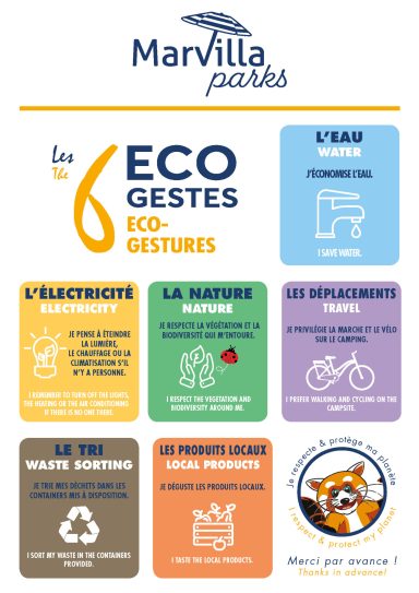 Affiche présentant les 6 éco-gestes de Marvilla Parks pour un comportement écoresponsable.