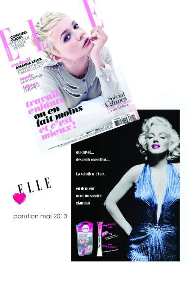 Couverture de magazine avec une femme blonde en pose, et un portrait de Marilyn Monroe.