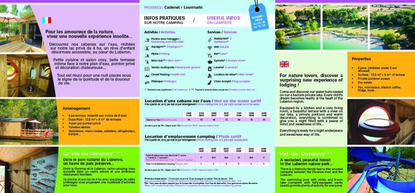 Brochure colorée présentant des activités et des informations touristiques.