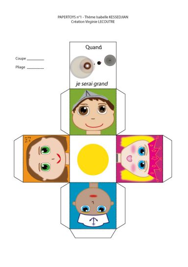 Dessin de personnages souriants sur un dé en papier à colorier.